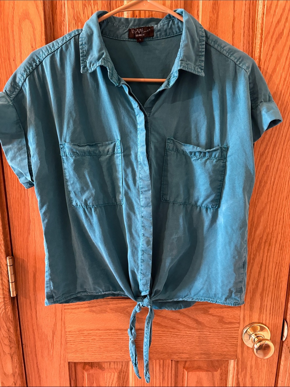 Velvet Heart Cropped Teal Blue Short Sleeve Button-Front Tie Shirt